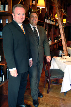 The Restaurant Guys [Francis and Mark] in the wine library of Stage Left.